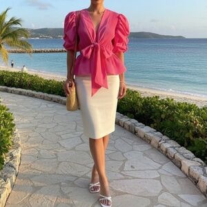 # A200  N by Nancy  Barbiecore  Fuchsia  Pleated  Peplum  Blouse NWT  XL